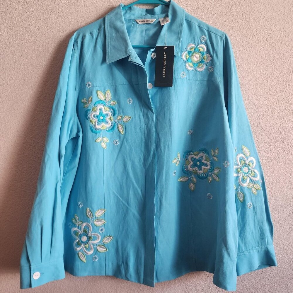 Laura Ashley Shirt Womens XL Silk Linen LA5930 Floral Embroidered Seaside Top